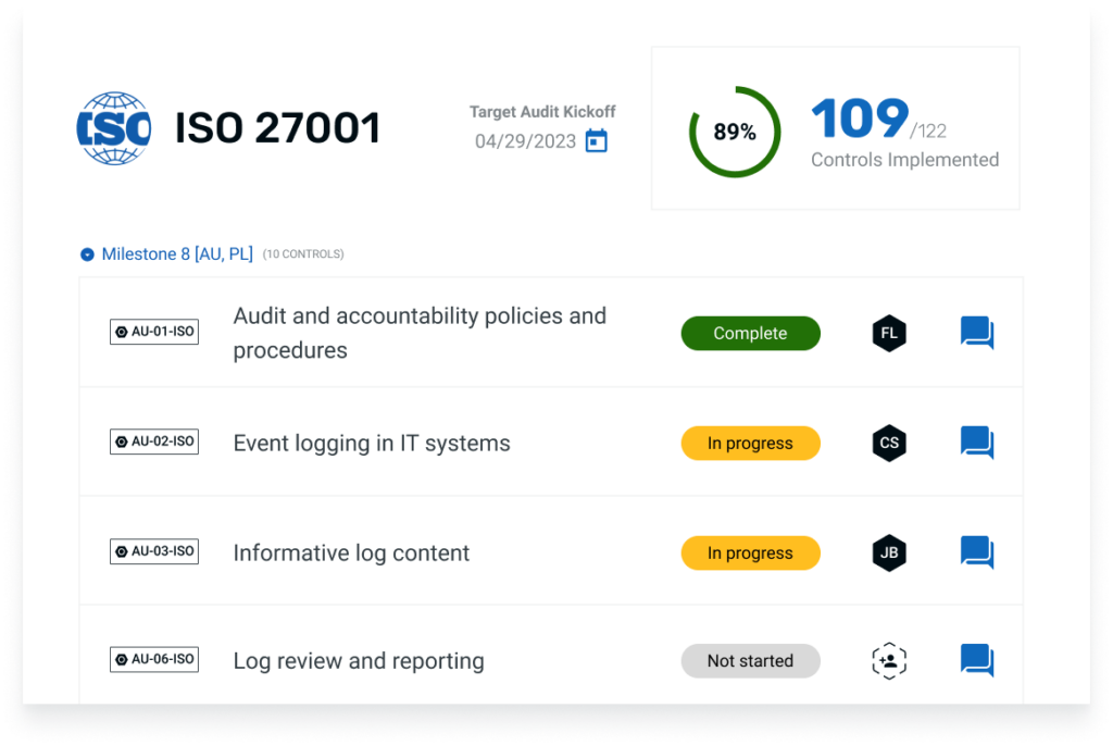 Screenshot of a roadmap and associated tasks for ISO 27001 compliance in Thoropass