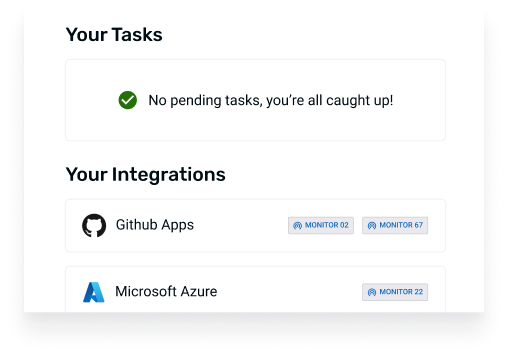 Screenshot showing no pending tasks along with integrations and their associated monitors