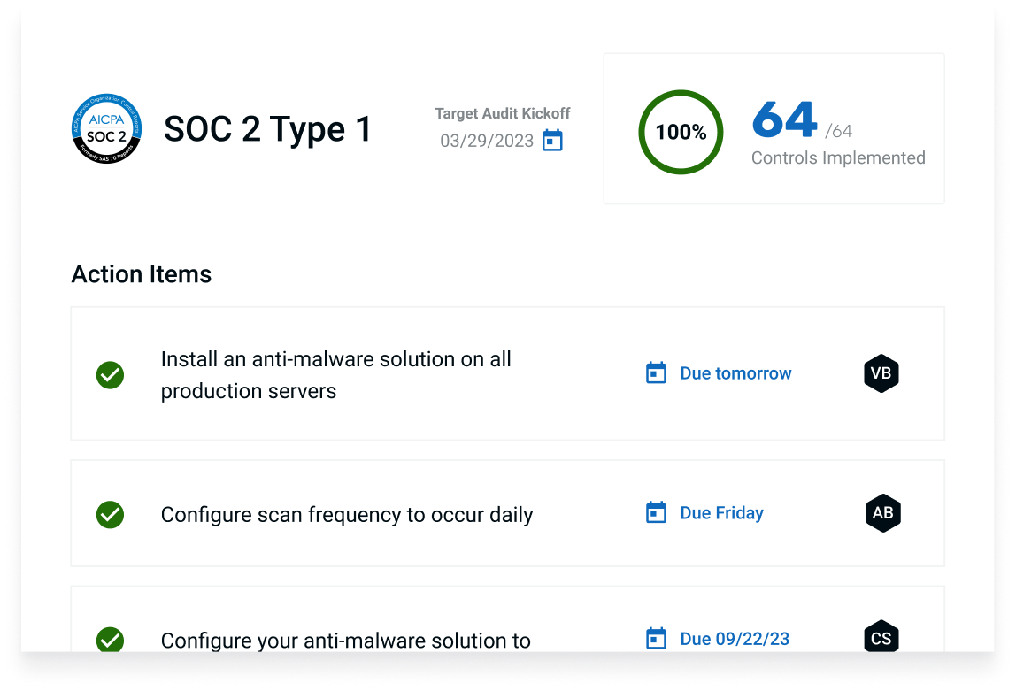 Stylized screenshot of completed tasks in a roadmap to SOC 2 Type 1 compliance