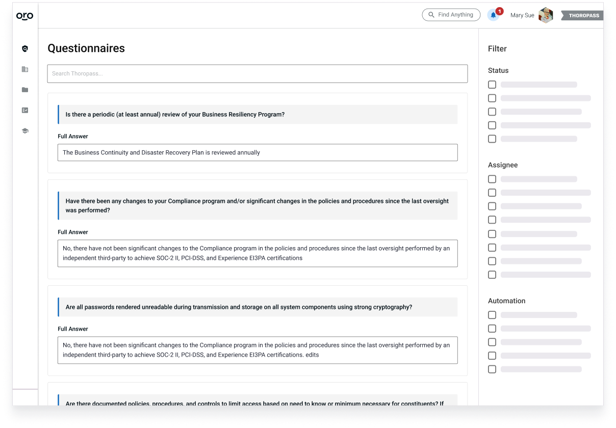 Screenshot of security questionnaires being completed in the Thoropass platform