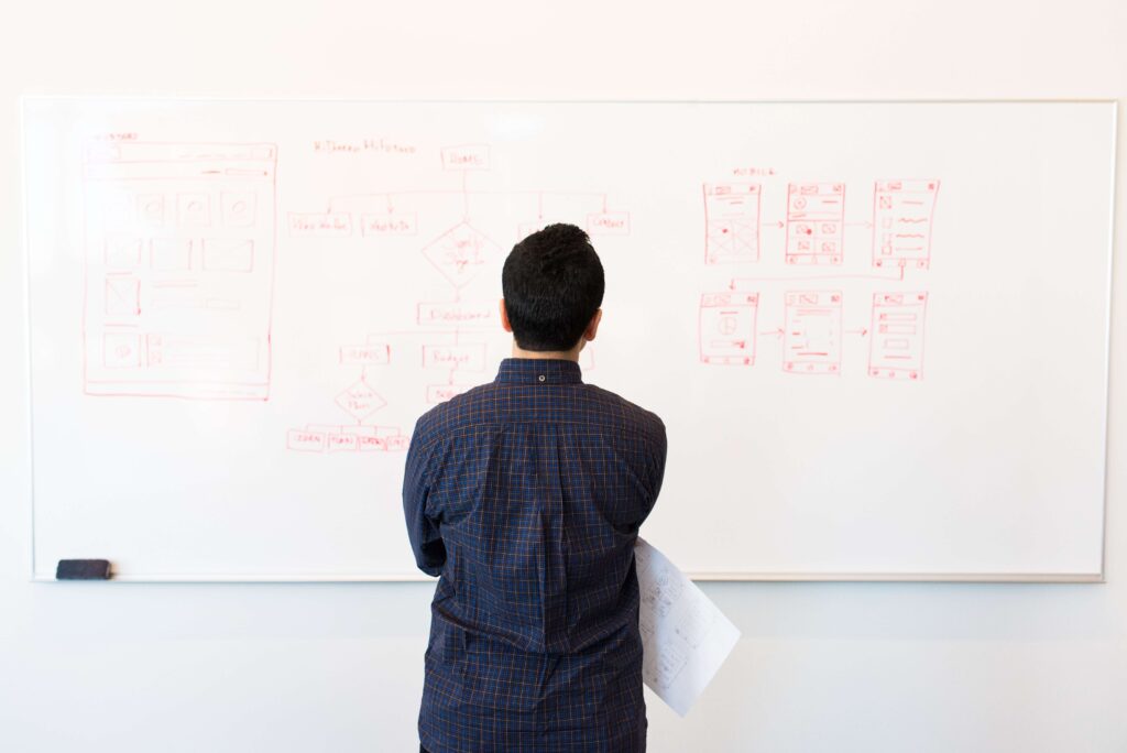A single employee looks thoughtfully at a whiteboard documenting workflows