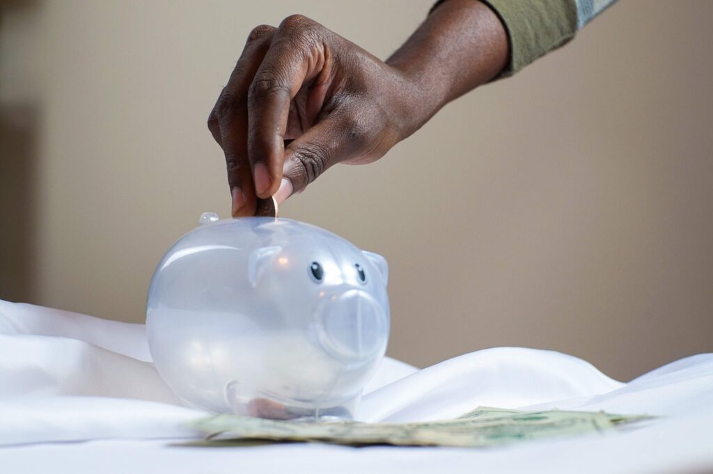 hand placing money in piggy bank