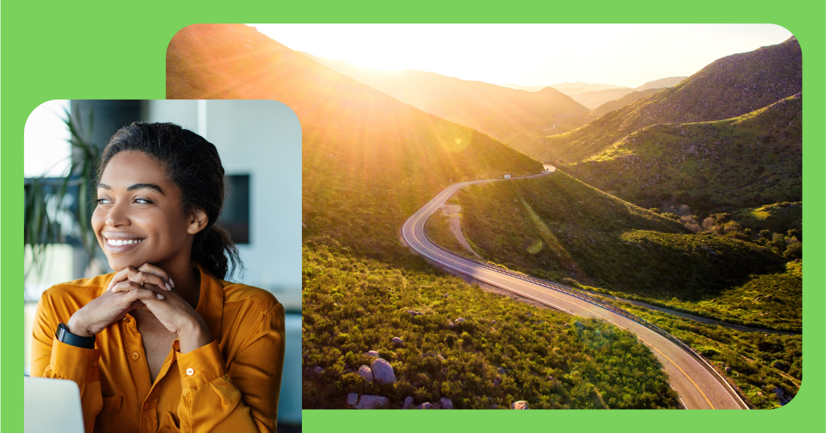 Green background with image of girl smiling and another image of a mountainside road during sunrise